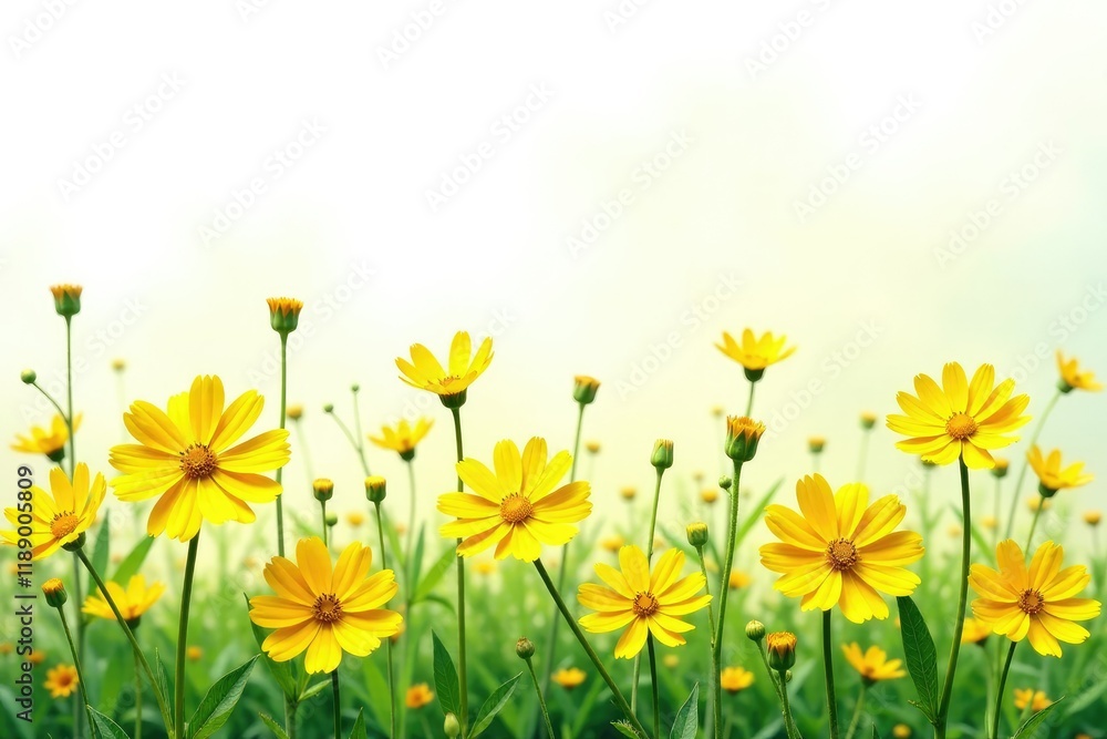 Fototapeta premium Bright yellow flowers of Coreopsis lanceolata isolated on white background, bloom, landscape