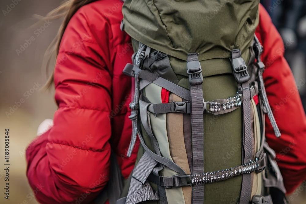 Hiker wearing red jacket and large backpack hiking in nature Hiker wearing red jacket and large backpack hiking in nature