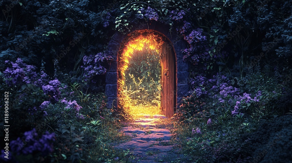Fototapeta premium Enchanted doorway reveals magical landscape fantasy forest digital art night setting mystical viewpoint