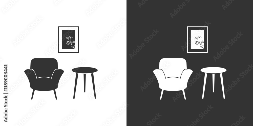 Fototapeta premium Furniture interior black and white icon with armchair in flat style
