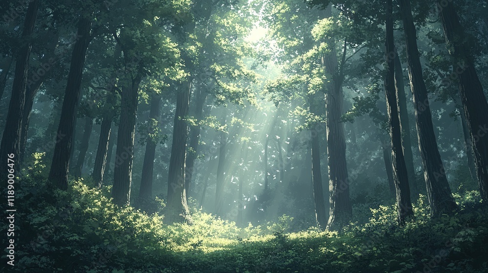 Obraz premium Sunlight filtering through trees in lush forest nature scene tranquil environment serene viewpoint