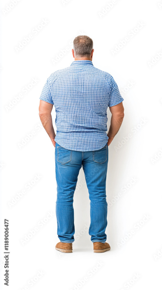 Man standing with his back facing the camera, wearing a patterned shirt and jeans against a plain white background. Man standing with his back facing the camera, wearing a patterned shirt and jeans against a plain white background.