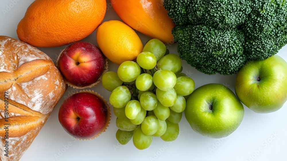 A colorful arrangement of fruits and bread on a white surface. A colorful arrangement of fruits and bread on a white surface.