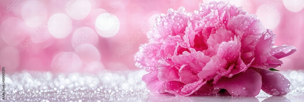 Fototapeta premium Single pink peony with water droplets valentine's day theme floral background soft focus romantic concept