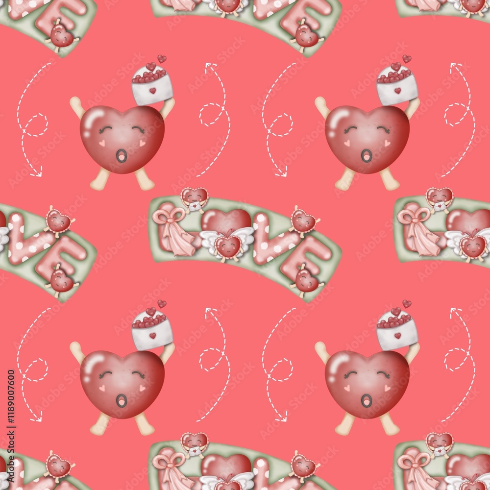 Fototapeta premium Seamless red heart pattern for Valentine's Day romantic design, background, wallpaper, for fabric, textile, on colorful background.