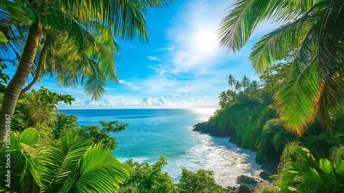 Stunning tropical coastline in bright sunlight, framed by lush green palm trees and vibrant foliage. Turquoise water creating a serene paradise.