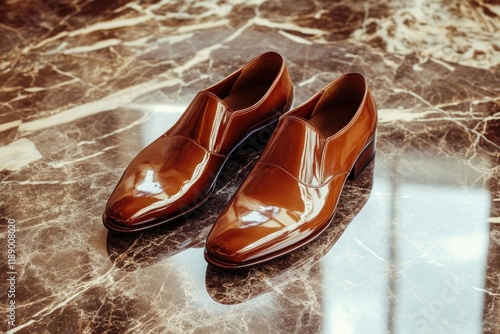 Polished Brown Leather Shoes On Marble Surface photo