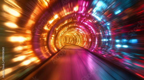 Glowing, futuristic tunnel illuminated with vibrant colors like gold, pink, and blue creating a dynamic and motion effect. 