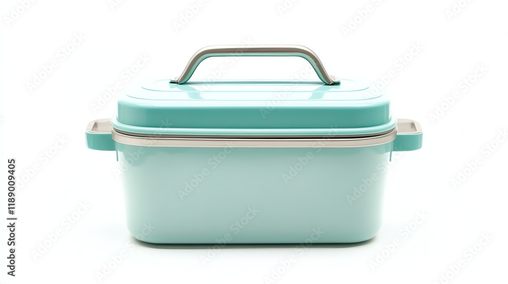 Elegant teal food storage container with a sleek handle, white isolate background. Elegant teal food storage container with a sleek handle, white isolate background.