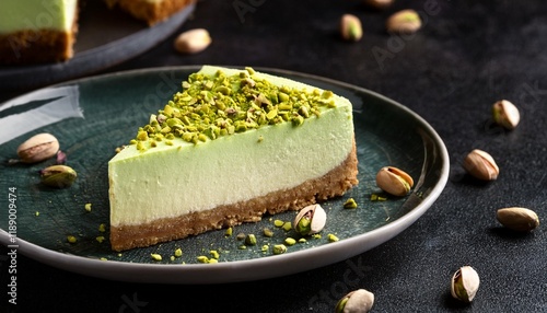 piece of pistachio cheesecake on dark background