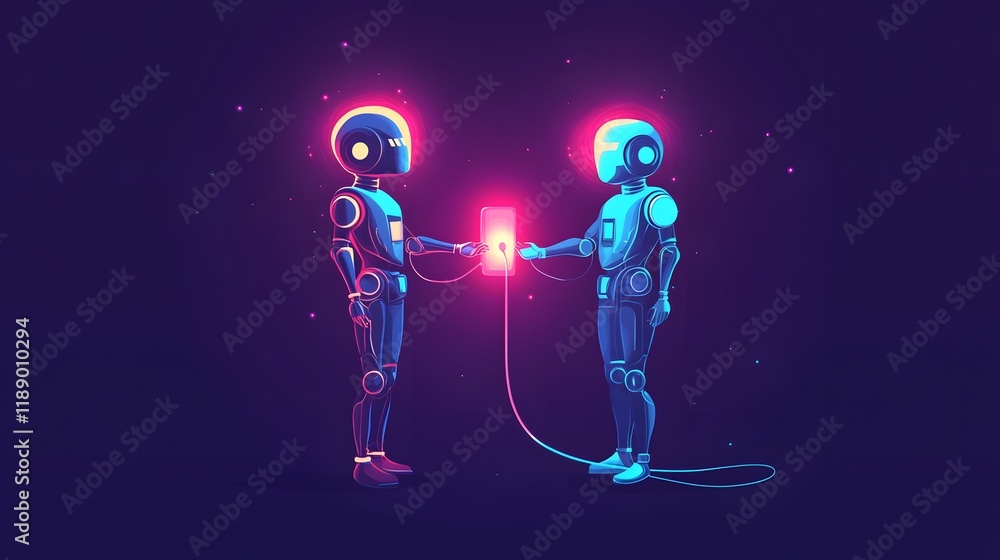 Fototapeta premium Two Robots Share Data Via a Connected Device