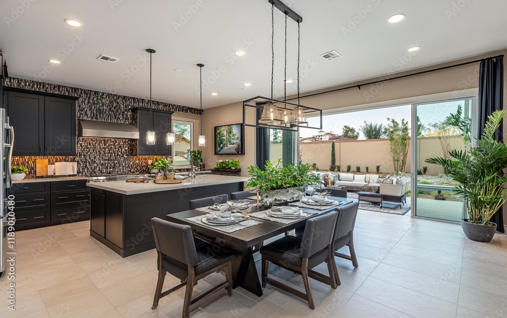 Fototapeta premium Modern open concept kitchen with a spacious layout, sleek countertops, pendant lights, and minimalist design, creating a bright and stylish cooking space.