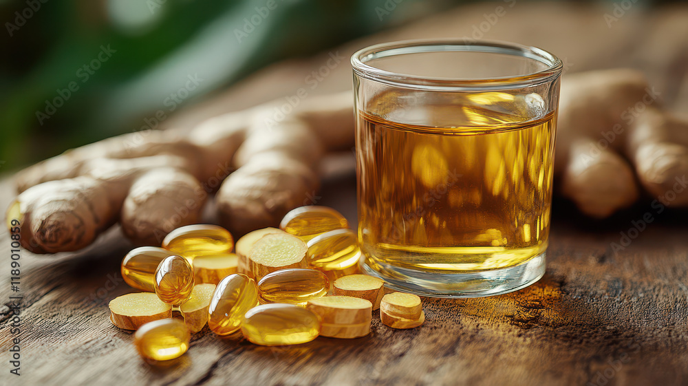 glass of ginger tonic and capsules on wooden table, surrounded by fresh ginger roots, showcasing natural and holistic approach to wellness glass of ginger tonic and capsules on wooden table, surrounded by fresh ginger roots, showcasing natural and holistic approach to wellness