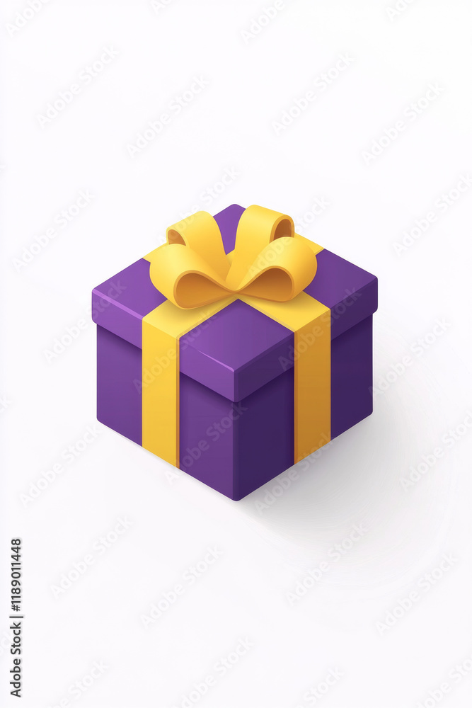 Purple gift box with yellow ribbon on white background