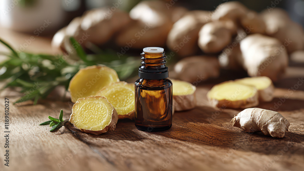 wooden table with ginger essential oil bottle and fresh ginger slices creates natural and aromatic setting. scene is enhanced by rosemary sprigs, adding touch of greenery wooden table with ginger essential oil bottle and fresh ginger slices creates natural and aromatic setting. scene is enhanced by rosemary sprigs, adding touch of greenery