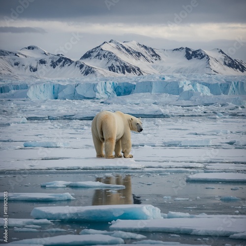 A large polar bear walking across the vast, icy expanse of the Arctic Circle. The scene takes place in Barentsoya, an island in Svalbard, Norway, known for its remote and rugged polar landscapes.  photo