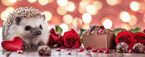 Cute hedgehog with roses valentine's day celebration background with copy space heartfelt environment photo