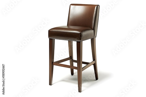 Contemporary bar stool featuring a rich leather top, against a clean white background, detailed high-resolution PNG photo