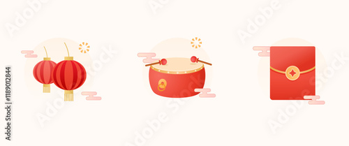 Red lanterns, drum, and red envelope icon set illustration. Symbolize Chinese New Year; suitable for holiday or festive themed designs and decorations.