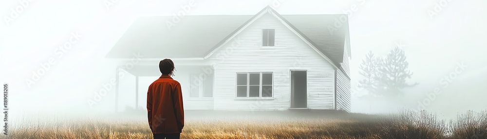 Person standing in foggy landscape, looking at a house in the distance. Person standing in foggy landscape, looking at a house in the distance.