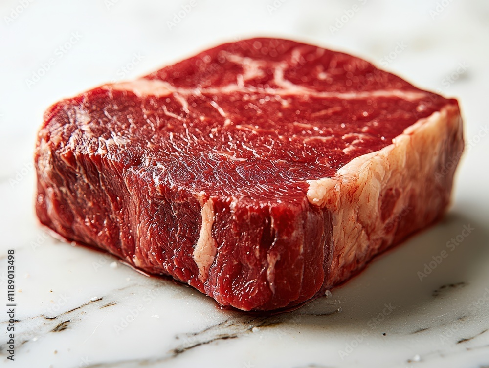 A raw ribeye beef steak showcased on a spotless white background A raw ribeye beef steak showcased on a spotless white background