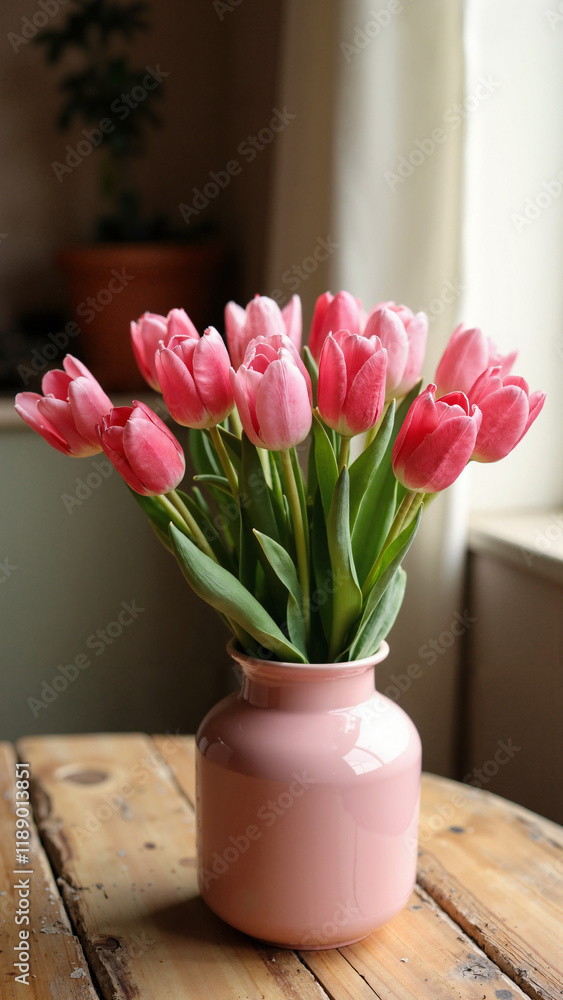 Vibrant Tulip Bouquet in Pink Vase: Spring Elegance for Floral Marketing, Home Decor, and Social Media Content Vibrant Tulip Bouquet in Pink Vase: Spring Elegance for Floral Marketing, Home Decor, and Social Media Content