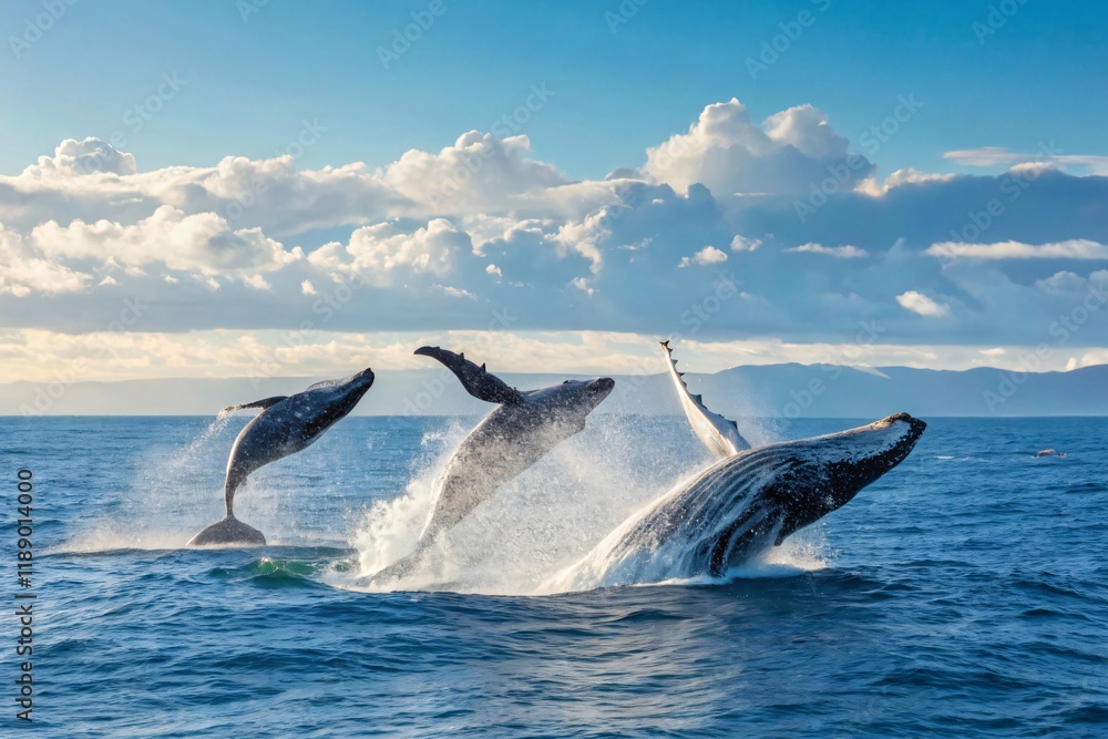 Fototapeta premium Three Humpback Whales Breaching Ocean Wildlife Scene