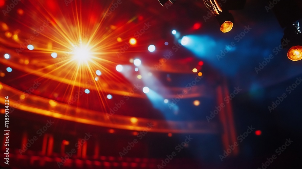 Fototapeta premium Vibrant Stage Lighting Photo: Intense Beams Illuminate Empty Theater Seats. AI Generated