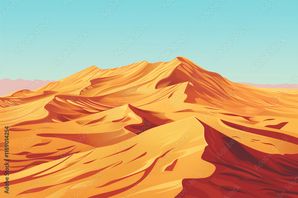Naklejka premium Expansive sand dunes in the desert, with intricate wind-swept patterns and warm golden hues under a clear sky.