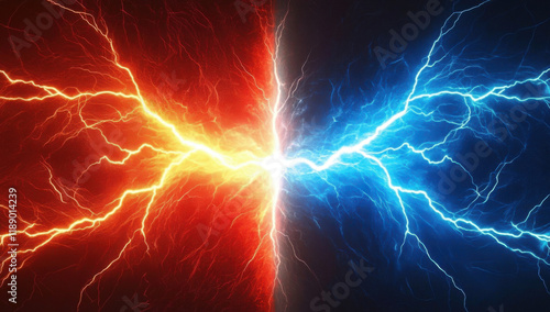 Lightning collision red and blue background, versus banner. Powerful colored lightnings and the flash from the collision. Confrontation concept, competition vs match game