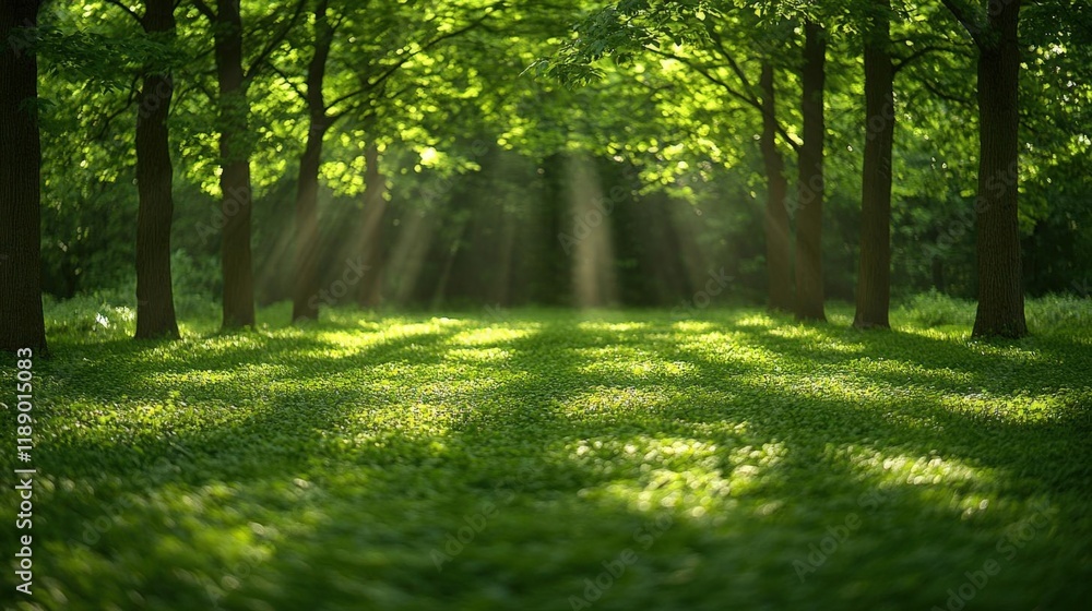 Obraz premium Sunbeams filtering through lush green forest, creating a peaceful and serene atmosphere