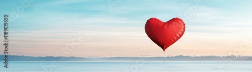 Floating Red Heart Balloon in Serene Sky Over Calm Water at Sunset