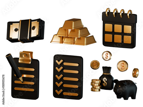 Gold and black financial icons set with money, coins, and piggy bank 3d
