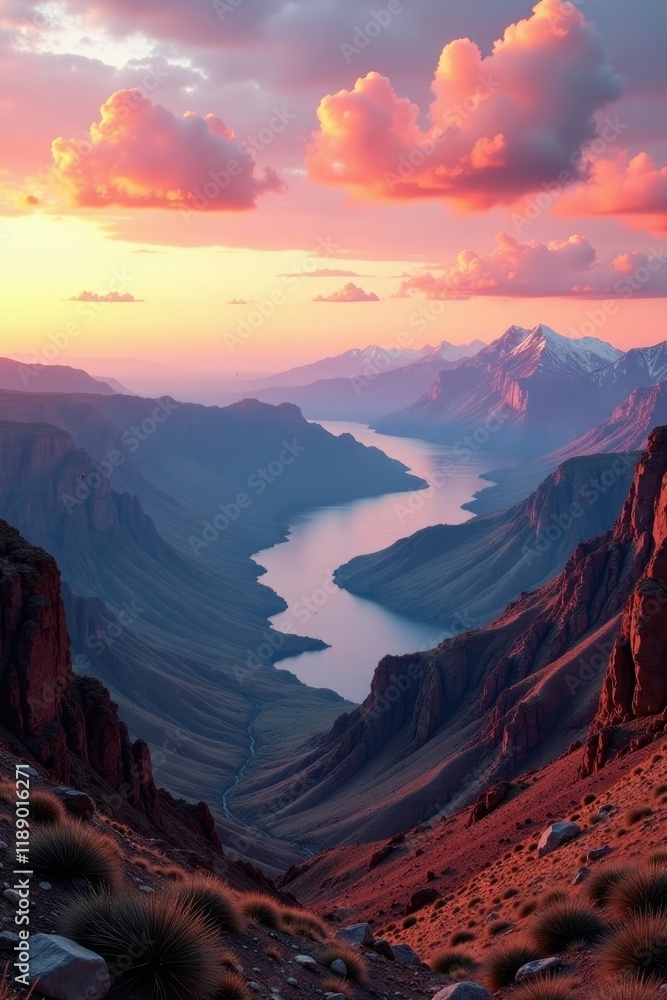 Fototapeta premium Desert mountain range at sunrise with misty valleys, mountains, panoramic