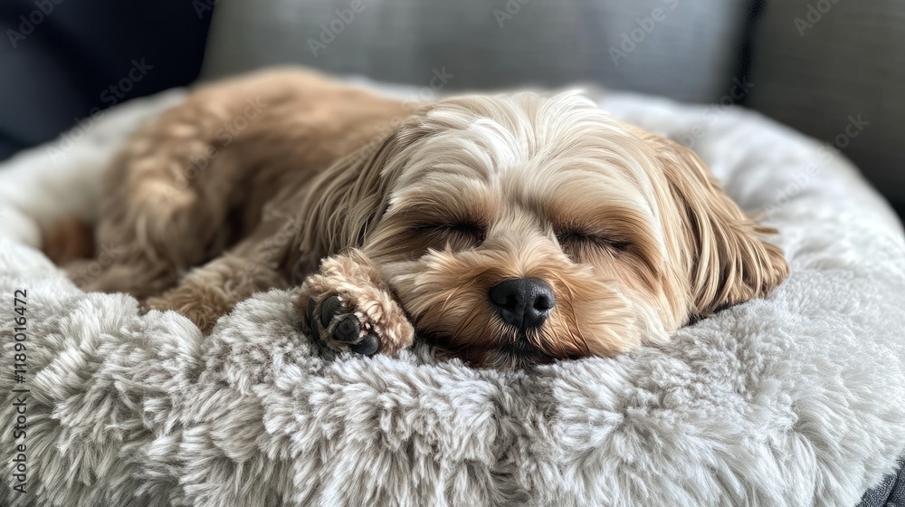 Small dog peacefully snoozing on a soft, fluffy pillow bed, with its eyes gently closed. Small dog peacefully snoozing on a soft, fluffy pillow bed, with its eyes gently closed.
