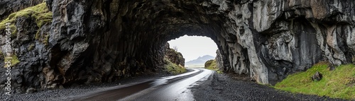 Scenic road passing through a natural rock arch in a lush green landscape.