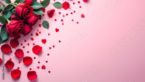 Romantic Red Roses With Petals and Hearts On Pink Background