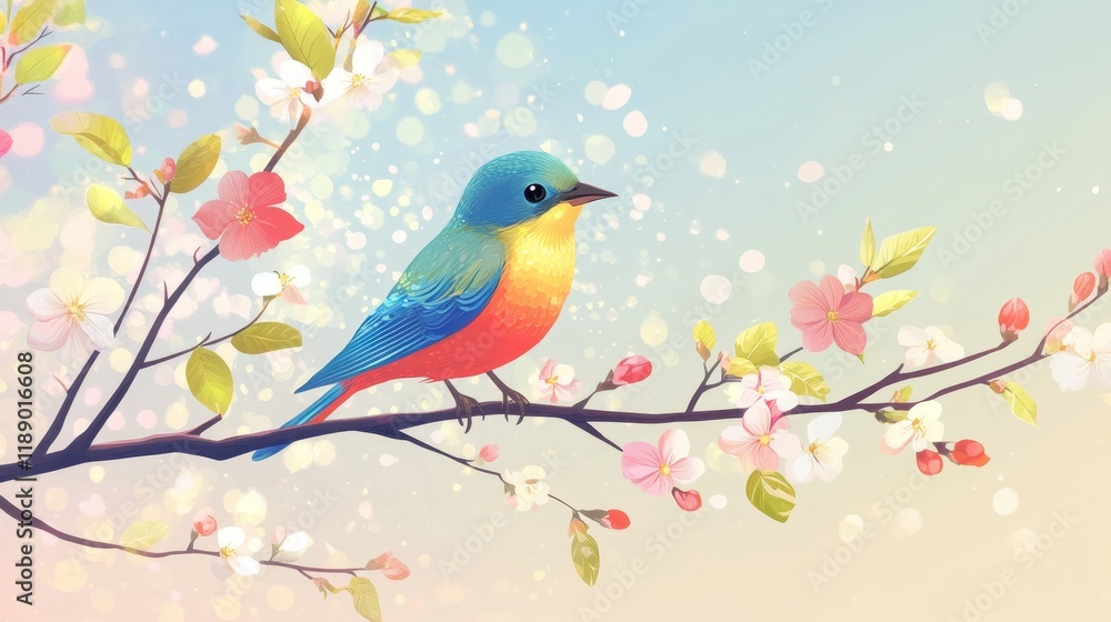 Illustration of a spring bird on a branch Illustration of a spring bird on a branch