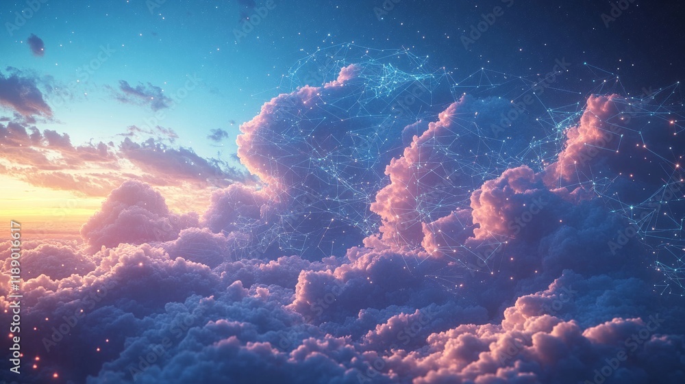 Fototapeta premium A vibrant sunset over interconnected clouds, showcasing digital network