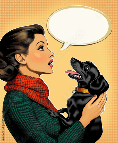 Retro Pop Art Woman with Dog. Vintage Comic Style Girl and Pet. Classic Pin-Up Lady 1950s Inspired