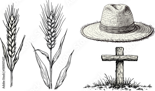 Wheat ears, grass, straw hat, and wooden fence in monochrome vector illustration