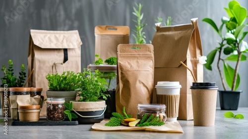 Eco-Friendly Food Packaging and Greenery on Kitchen Counter