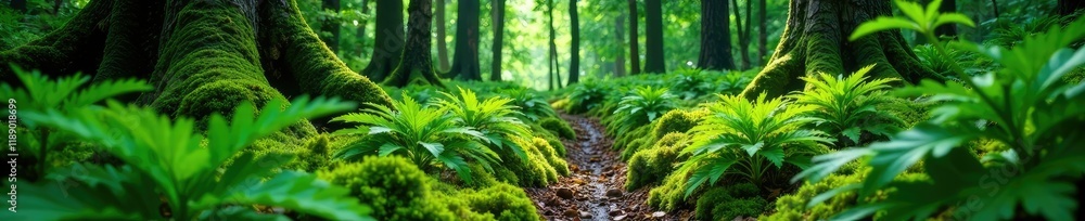 Fototapeta premium Evergreen forest floor covered with ferns and moss, plant life, nature, greenery