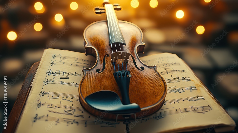 Naklejka premium Violin on Sheet Music with Warm Lighting