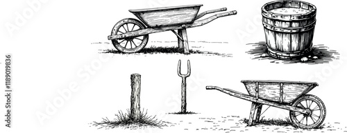 Rustic farm tools with wheelbarrows, wooden bucket and pitchfork in detailed monochrome illustration