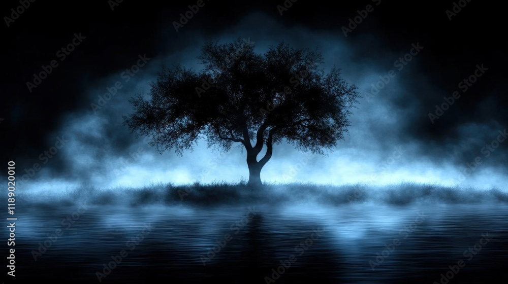 Obraz premium Solitary Tree in a Mysterious Blue Fog at Night