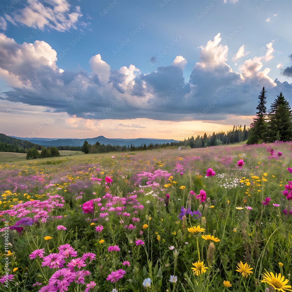 Blooming wildflower meadow at sunset, A stunning wildflower meadow in full bloom with vibrant colors, surrounded by trees and a dramatic sunset sky.
Blooming wildflower meadow at sunset, A stunning wildflower meadow in full bloom with vibrant colors, surrounded by trees and a dramatic sunset sky.