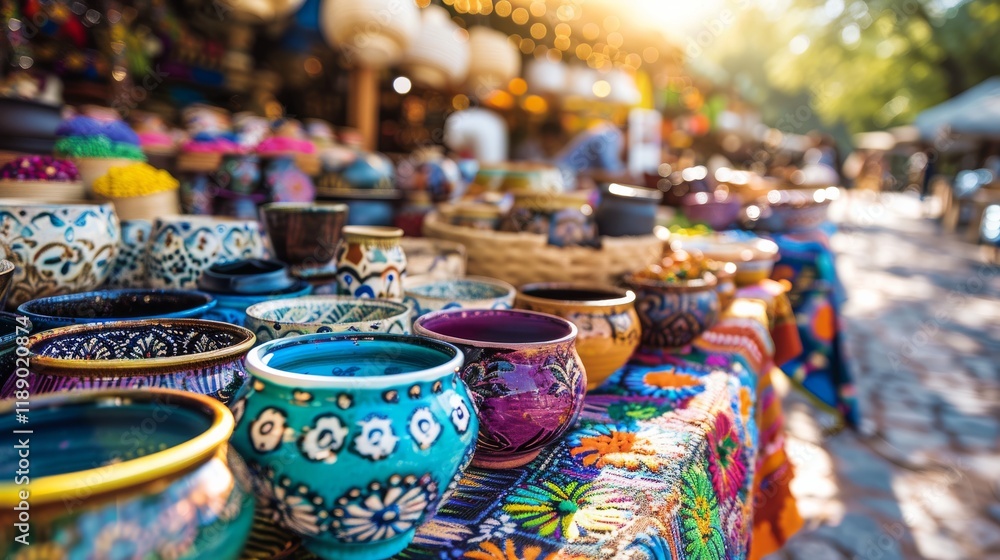 Fototapeta premium Vibrant Handmade Pottery and Colorful Crafts in Outdoor Market