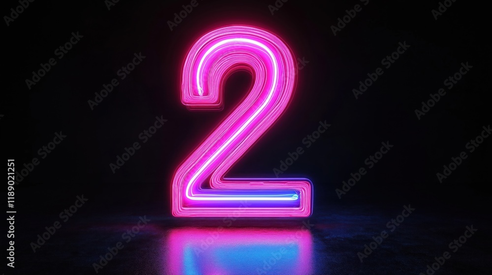 Vibrant neon pink, blue number two design. 3D glossy design against dark background. Neon glow futuristic tech style. Graphic rendering. Modern art design. Isolated object. Illuminated symbol. Vibrant neon pink, blue number two design. 3D glossy design against dark background. Neon glow futuristic tech style. Graphic rendering. Modern art design. Isolated object. Illuminated symbol.