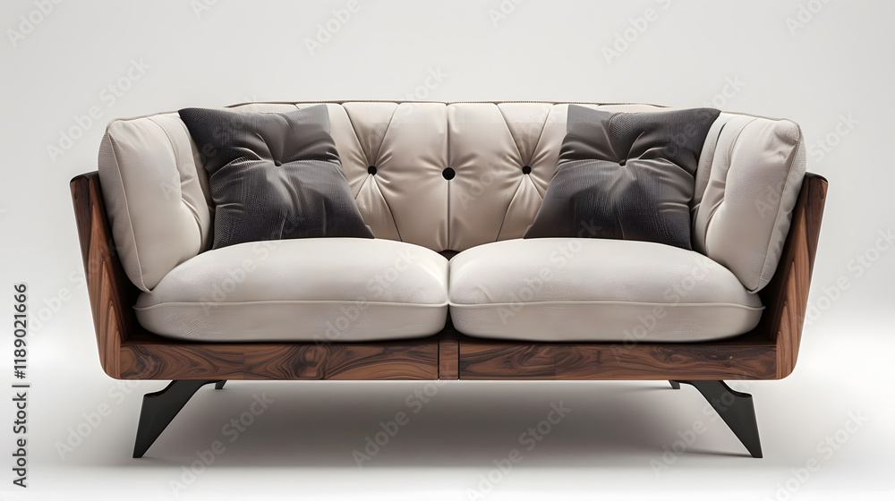 Fototapeta premium Contemporary two-seater sofa featuring light upholstery and dark wood accents against white.